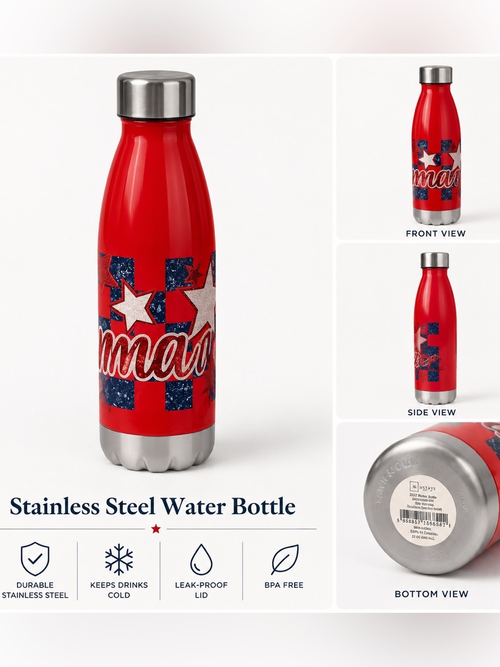 Red Stainless Steel Water Bottle with Star Design - 22oz